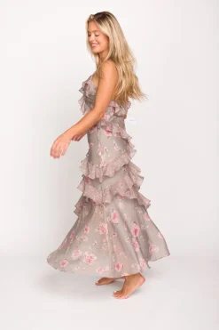 New Worth Collective Amelia Ruffle Maxi Dress in Grey/Pink Floral