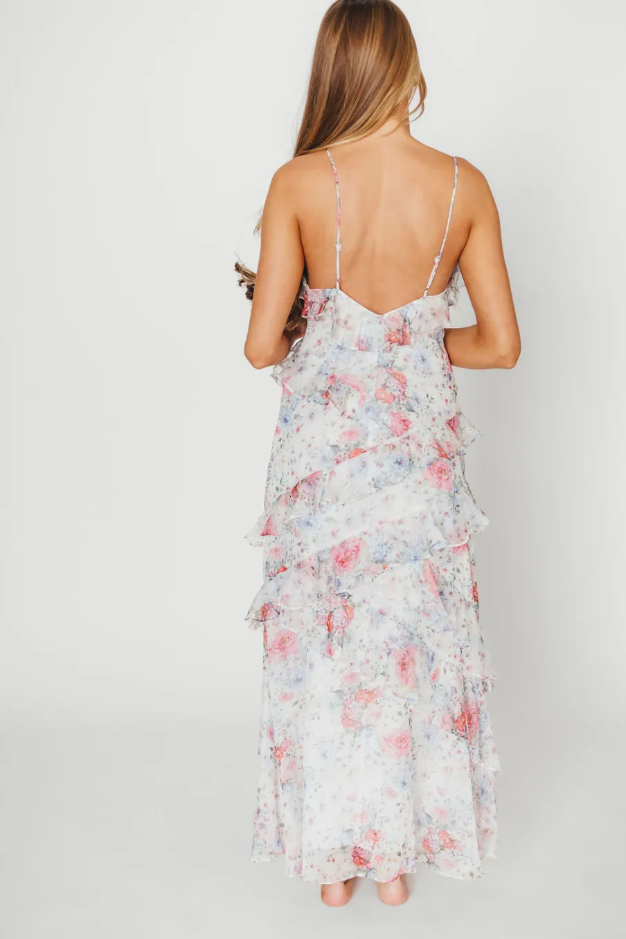 Outlet Worth Collective Amelia Ruffle Maxi Dress in White/Multi Floral