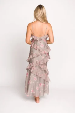 New Worth Collective Amelia Ruffle Maxi Dress in Grey/Pink Floral