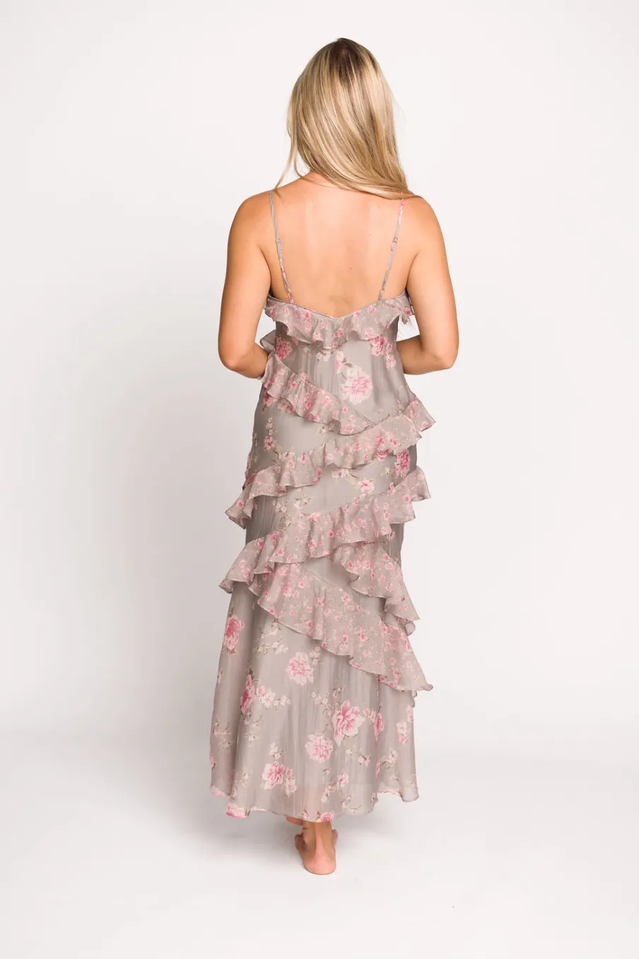 New Worth Collective Amelia Ruffle Maxi Dress in Grey/Pink Floral