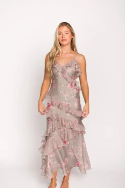 New Worth Collective Amelia Ruffle Maxi Dress in Grey/Pink Floral