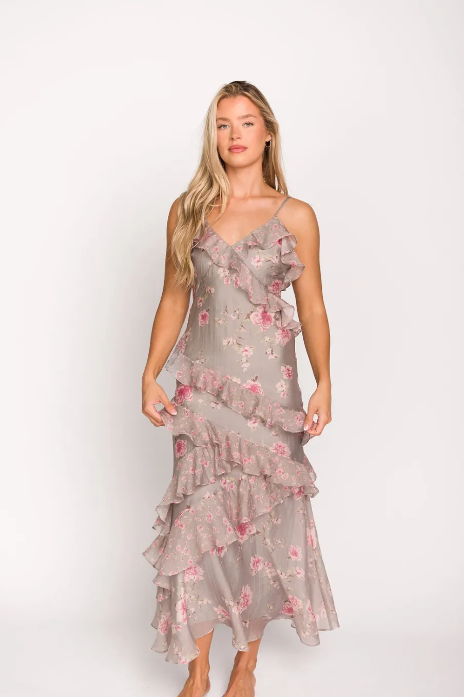 New Worth Collective Amelia Ruffle Maxi Dress in Grey/Pink Floral