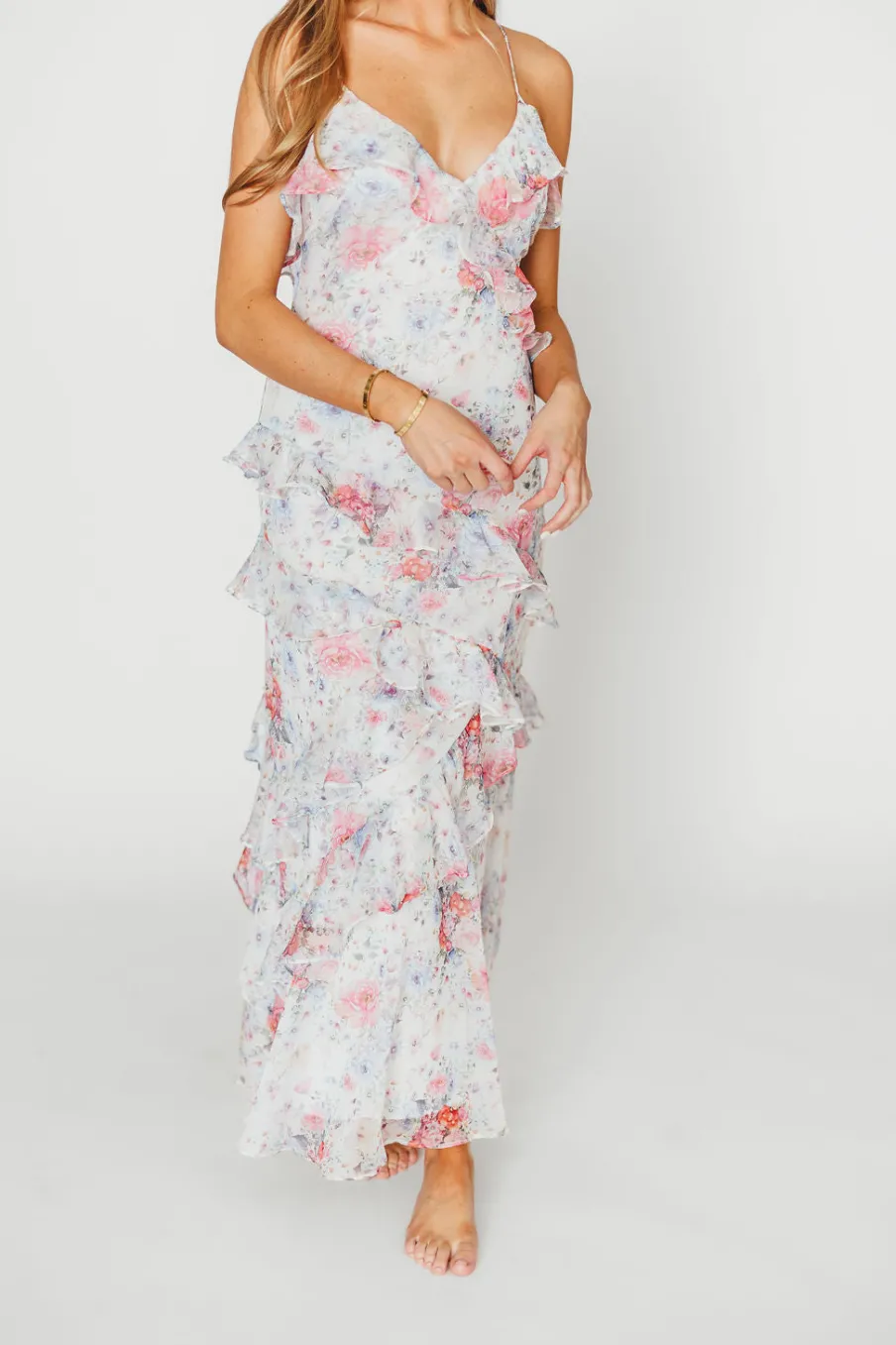 Outlet Worth Collective Amelia Ruffle Maxi Dress in White/Multi Floral