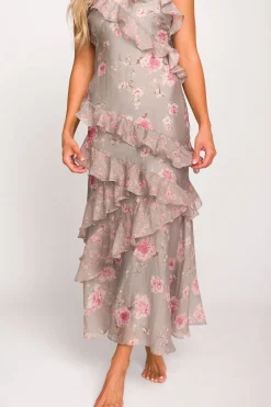 New Worth Collective Amelia Ruffle Maxi Dress in Grey/Pink Floral