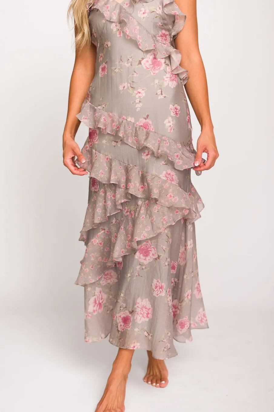 New Worth Collective Amelia Ruffle Maxi Dress in Grey/Pink Floral