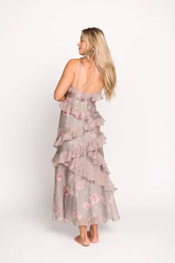New Worth Collective Amelia Ruffle Maxi Dress in Grey/Pink Floral