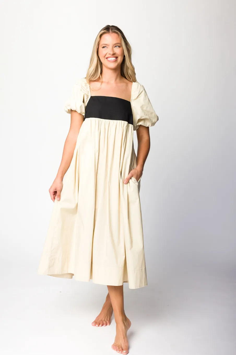 Discount Worth Collective Amia Cotton Midi Dress in Beige