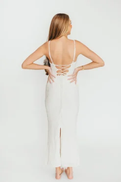 Hot Worth Collective Amira Ruched Bustier Lace Up Back Maxi Dress in Ivory
