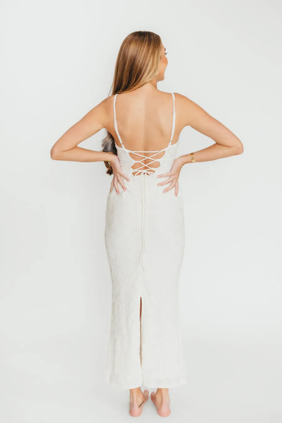 Hot Worth Collective Amira Ruched Bustier Lace Up Back Maxi Dress in Ivory