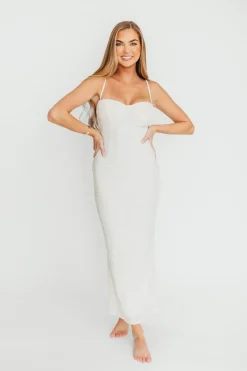 Hot Worth Collective Amira Ruched Bustier Lace Up Back Maxi Dress in Ivory