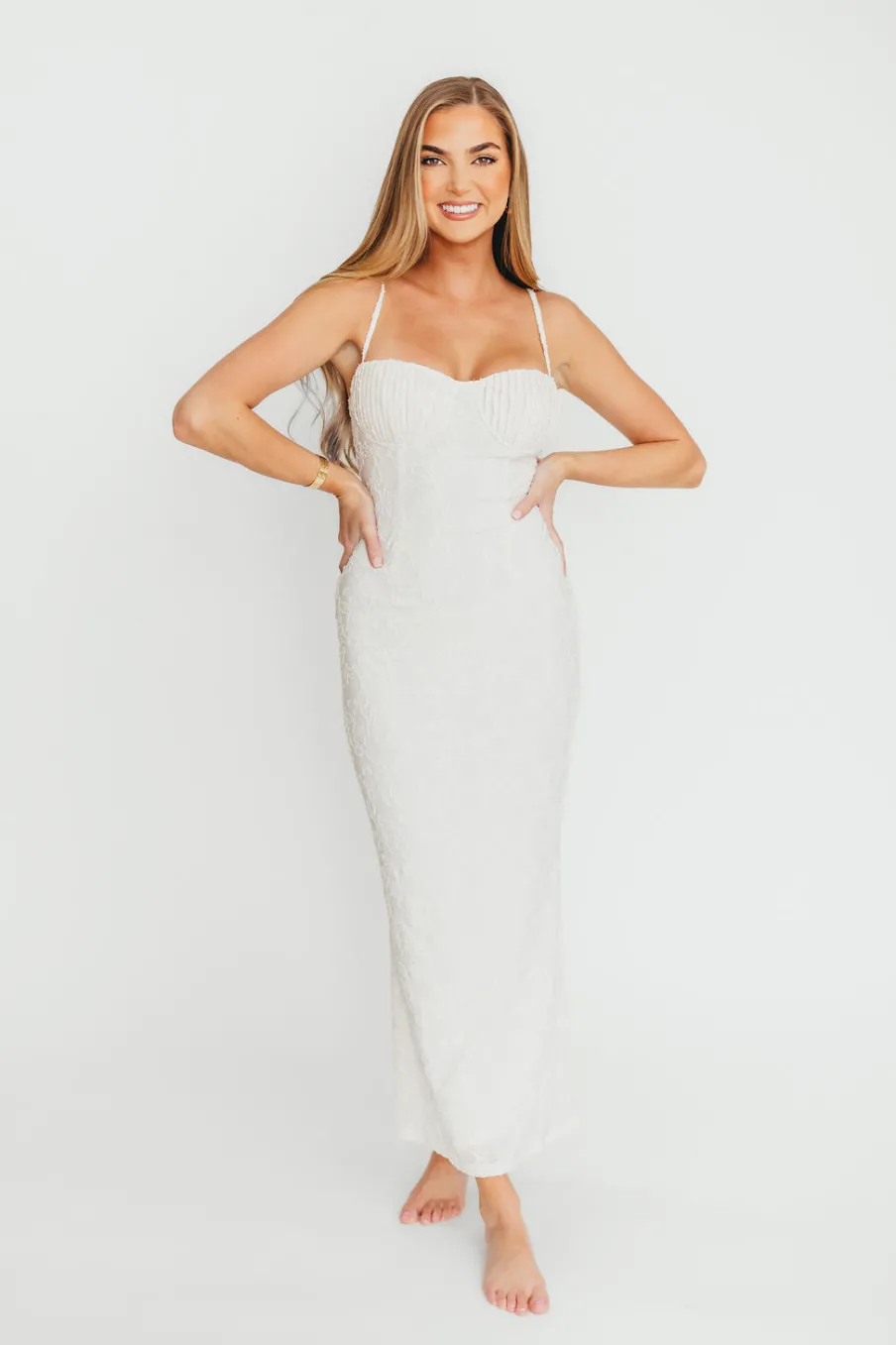 Hot Worth Collective Amira Ruched Bustier Lace Up Back Maxi Dress in Ivory