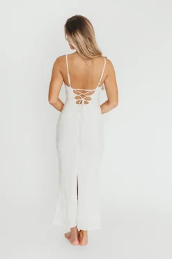 Hot Worth Collective Amira Ruched Bustier Lace Up Back Maxi Dress in Ivory