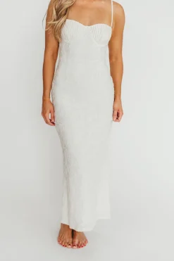 Hot Worth Collective Amira Ruched Bustier Lace Up Back Maxi Dress in Ivory