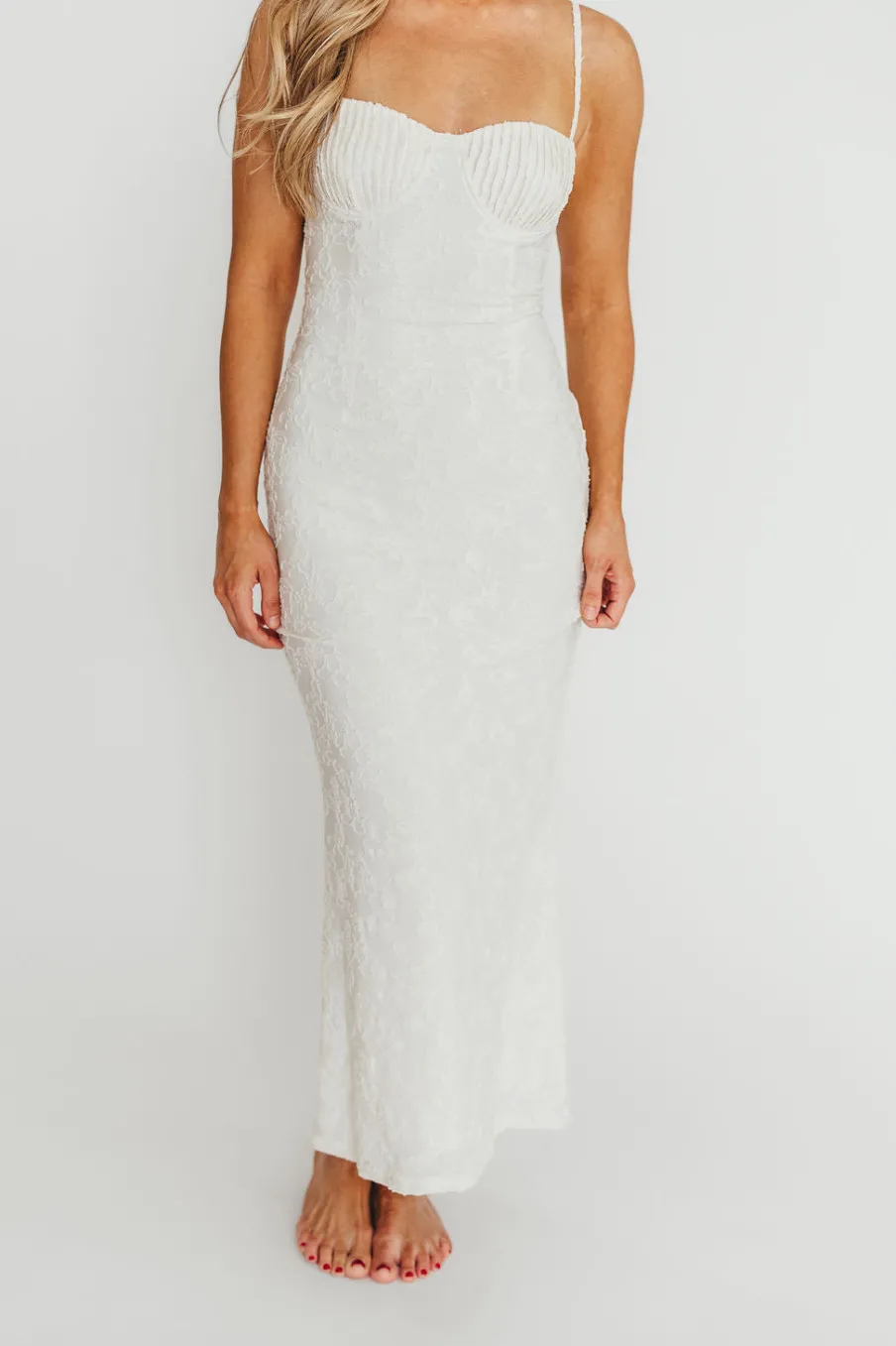 Hot Worth Collective Amira Ruched Bustier Lace Up Back Maxi Dress in Ivory