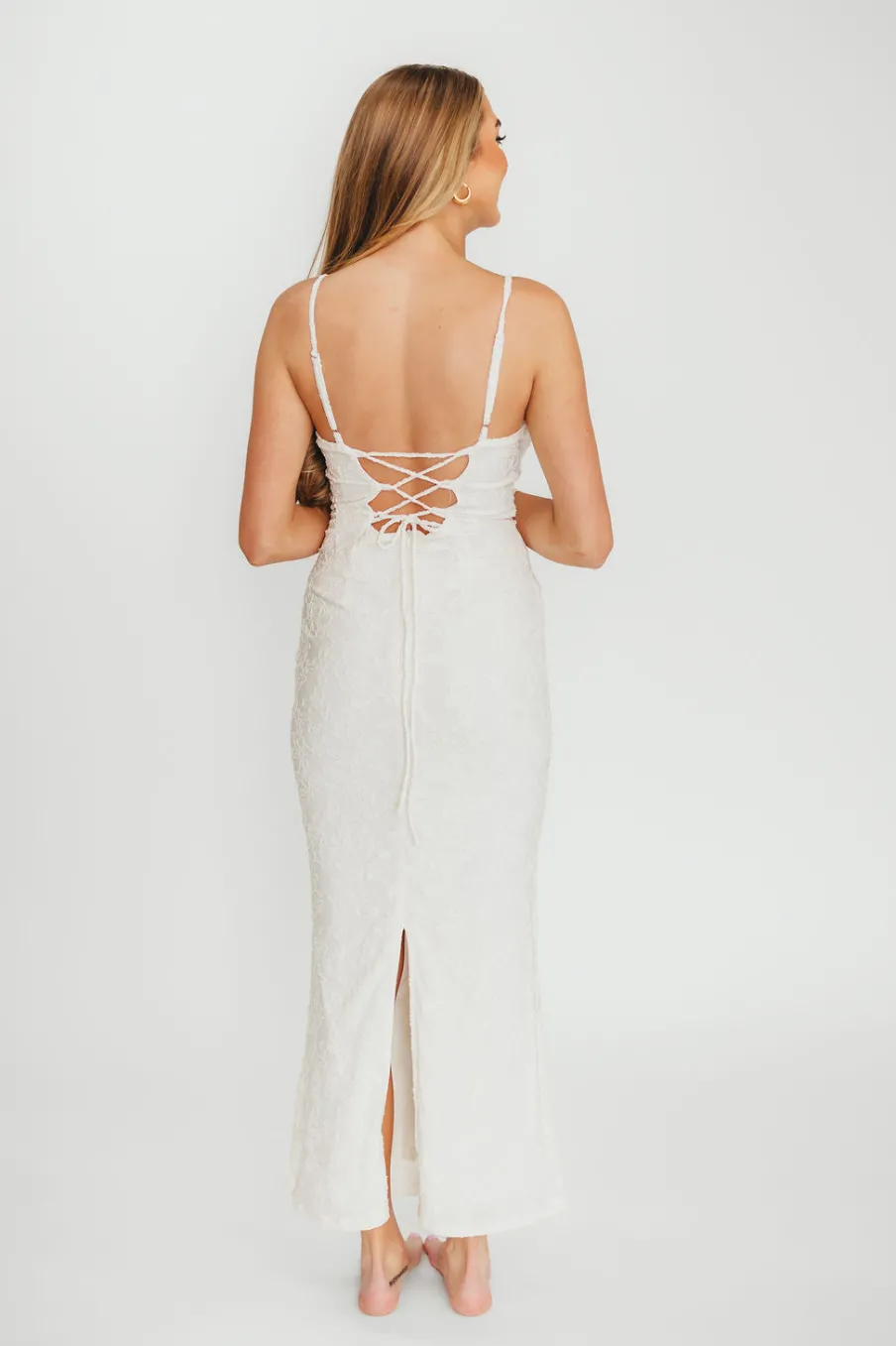 Hot Worth Collective Amira Ruched Bustier Lace Up Back Maxi Dress in Ivory