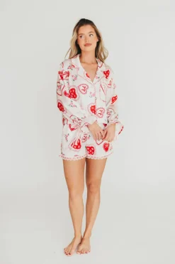 Outlet Worth Collective Amora Satin Pajama Set in White/Light Pink/Red