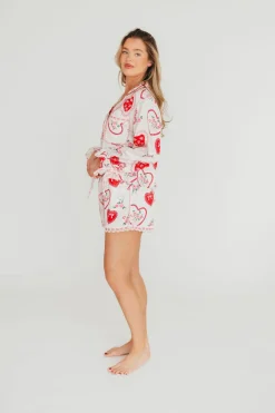Outlet Worth Collective Amora Satin Pajama Set in White/Light Pink/Red