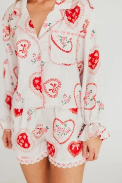 Outlet Worth Collective Amora Satin Pajama Set in White/Light Pink/Red