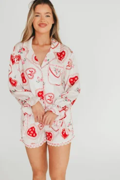 Outlet Worth Collective Amora Satin Pajama Set in White/Light Pink/Red