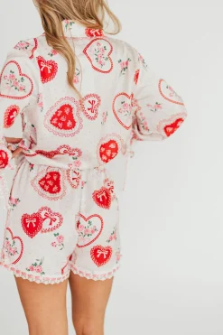 Outlet Worth Collective Amora Satin Pajama Set in White/Light Pink/Red