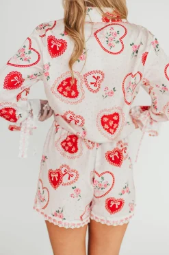 Outlet Worth Collective Amora Satin Pajama Set in White/Light Pink/Red