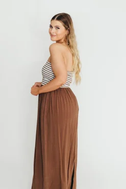 Hot Worth Collective Annie Linen & Knit Maxi Dress in Mocha Stripe