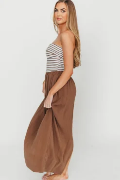 Hot Worth Collective Annie Linen & Knit Maxi Dress in Mocha Stripe