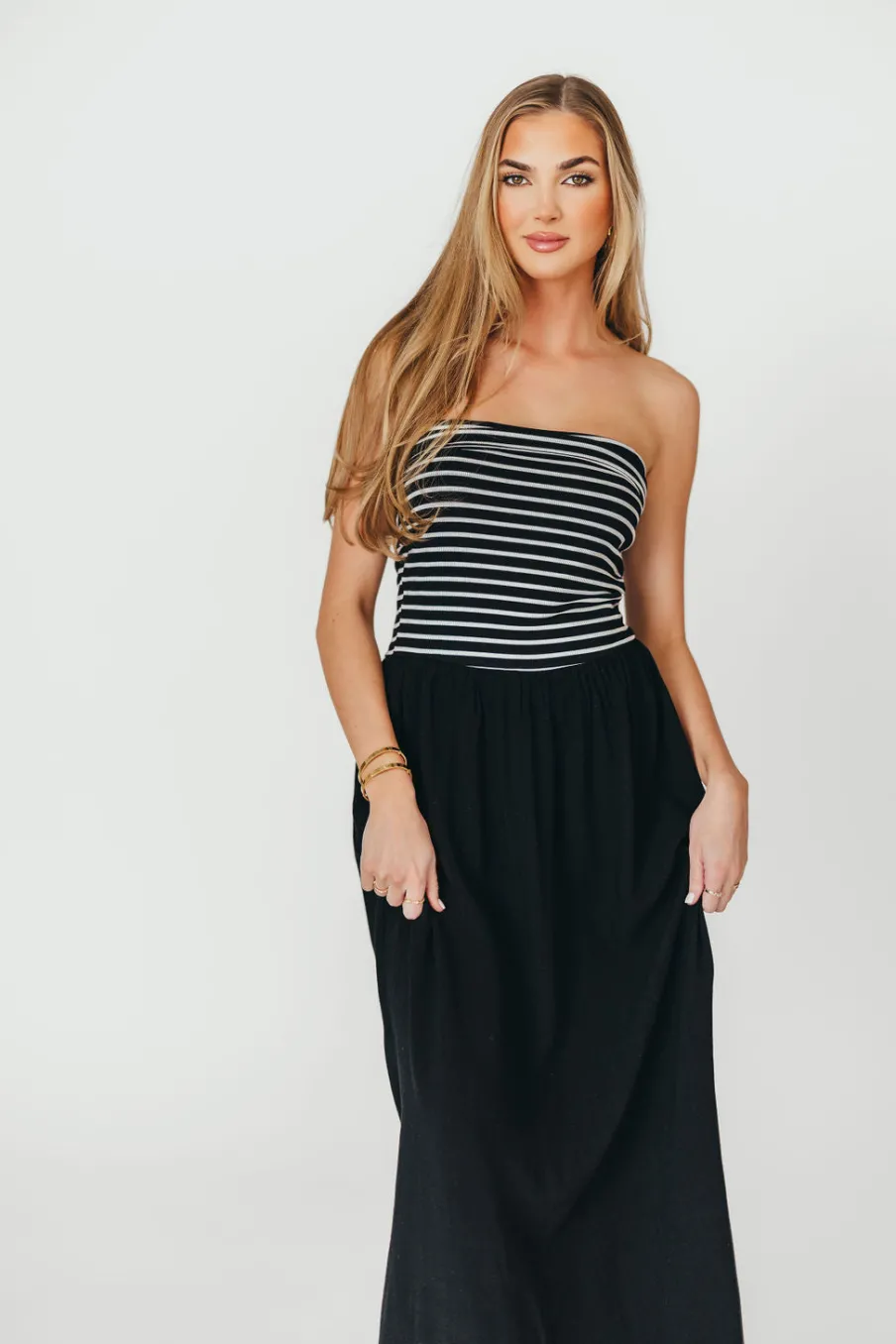 New Worth Collective Annie Linen & Knit Maxi Dress in Black Stripe