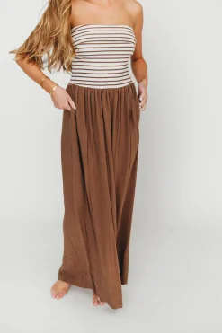 Hot Worth Collective Annie Linen & Knit Maxi Dress in Mocha Stripe