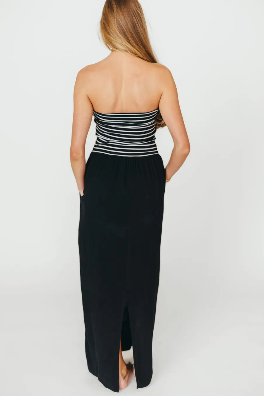 New Worth Collective Annie Linen & Knit Maxi Dress in Black Stripe