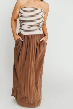 Hot Worth Collective Annie Linen & Knit Maxi Dress in Mocha Stripe