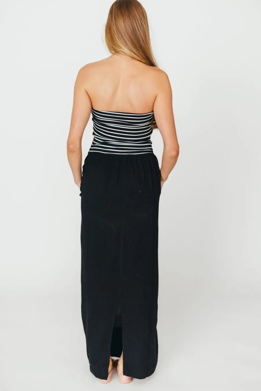 New Worth Collective Annie Linen & Knit Maxi Dress in Black Stripe