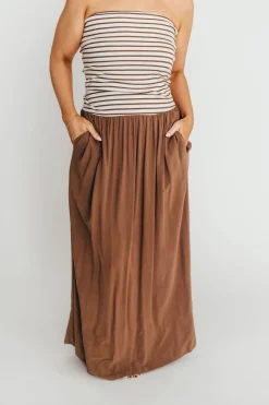 Hot Worth Collective Annie Linen & Knit Maxi Dress in Mocha Stripe