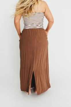 Hot Worth Collective Annie Linen & Knit Maxi Dress in Mocha Stripe