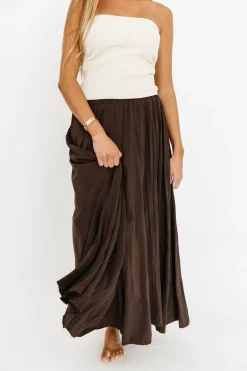 New Worth Collective Apolline Crinkle Maxi Skirt in Dark Brown