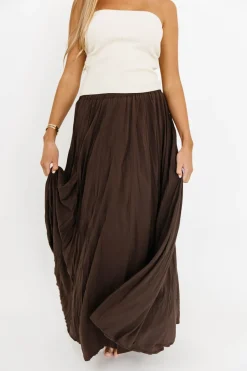 New Worth Collective Apolline Crinkle Maxi Skirt in Dark Brown