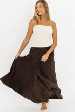 New Worth Collective Apolline Crinkle Maxi Skirt in Dark Brown