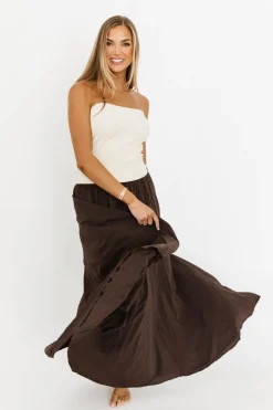 New Worth Collective Apolline Crinkle Maxi Skirt in Dark Brown