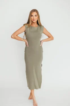 Outlet Worth Collective Arabella Open Back Bodycon Midi Dress in Light Olive