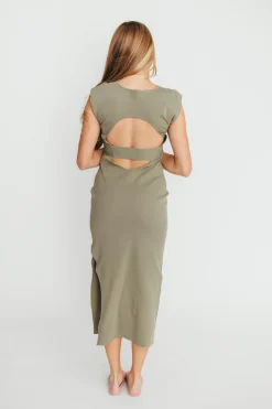 Outlet Worth Collective Arabella Open Back Bodycon Midi Dress in Light Olive
