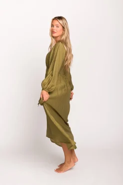 Fashion Worth Collective Ariana Long Sleeved Maxi Dress with Slouchy Pocket in Olive