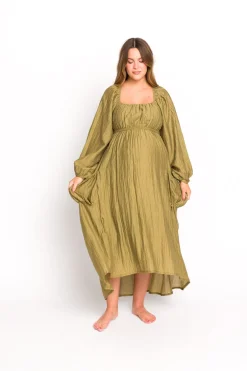 Fashion Worth Collective Ariana Long Sleeved Maxi Dress with Slouchy Pocket in Olive