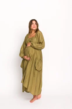 Fashion Worth Collective Ariana Long Sleeved Maxi Dress with Slouchy Pocket in Olive