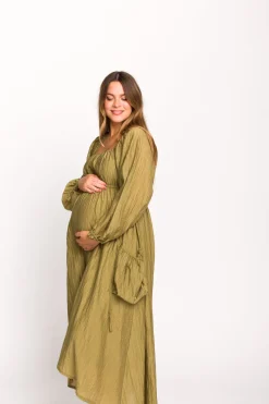 Fashion Worth Collective Ariana Long Sleeved Maxi Dress with Slouchy Pocket in Olive