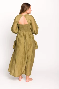 Fashion Worth Collective Ariana Long Sleeved Maxi Dress with Slouchy Pocket in Olive