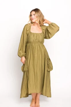 Fashion Worth Collective Ariana Long Sleeved Maxi Dress with Slouchy Pocket in Olive