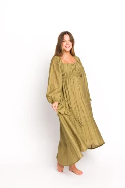Fashion Worth Collective Ariana Long Sleeved Maxi Dress with Slouchy Pocket in Olive
