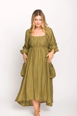 Fashion Worth Collective Ariana Long Sleeved Maxi Dress with Slouchy Pocket in Olive