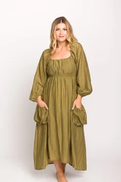 Fashion Worth Collective Ariana Long Sleeved Maxi Dress with Slouchy Pocket in Olive