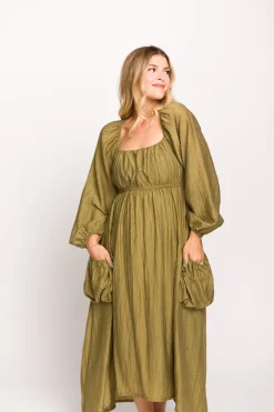 Fashion Worth Collective Ariana Long Sleeved Maxi Dress with Slouchy Pocket in Olive